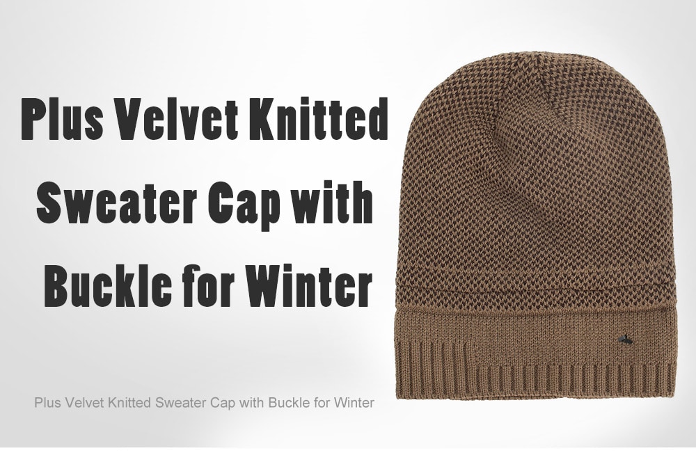 Plus Velvet Knitted Sweater Cap with Buckle for Winter- Gray Plus Velvet Knitted Sweater Cap with Buckle for Winter- Gray