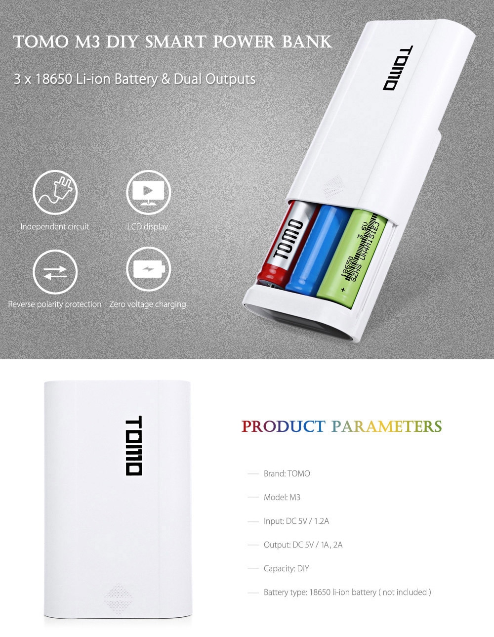 TOMO M3 DIY Smart Power Bank 3 x 18650 Li-ion Battery Charger- White TOMO M3 DIY Smart Power Bank 3 x 18650 Li-ion Battery Charger- White