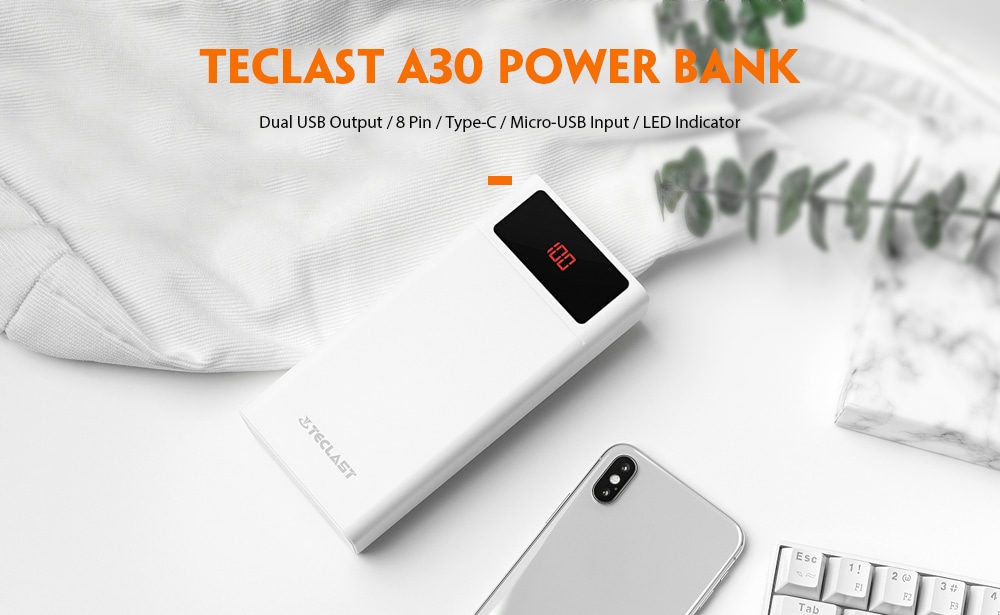 Teclast A30 Power Bank 30000mAh Digital Display for Tablet / Mobile Phone- White Teclast A30 Power Bank 30000mAh Digital Display for Tablet / Mobile Phone- White