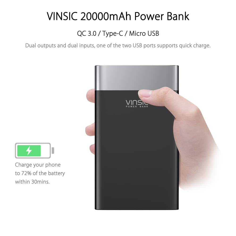 VINSIC VSPB303 QC 3.0 20000mAh Power Bank Type-C Micro USB Dual Input / Output- White VINSIC VSPB303 QC 3.0 20000mAh Power Bank Type-C Micro USB Dual Input / Output- White