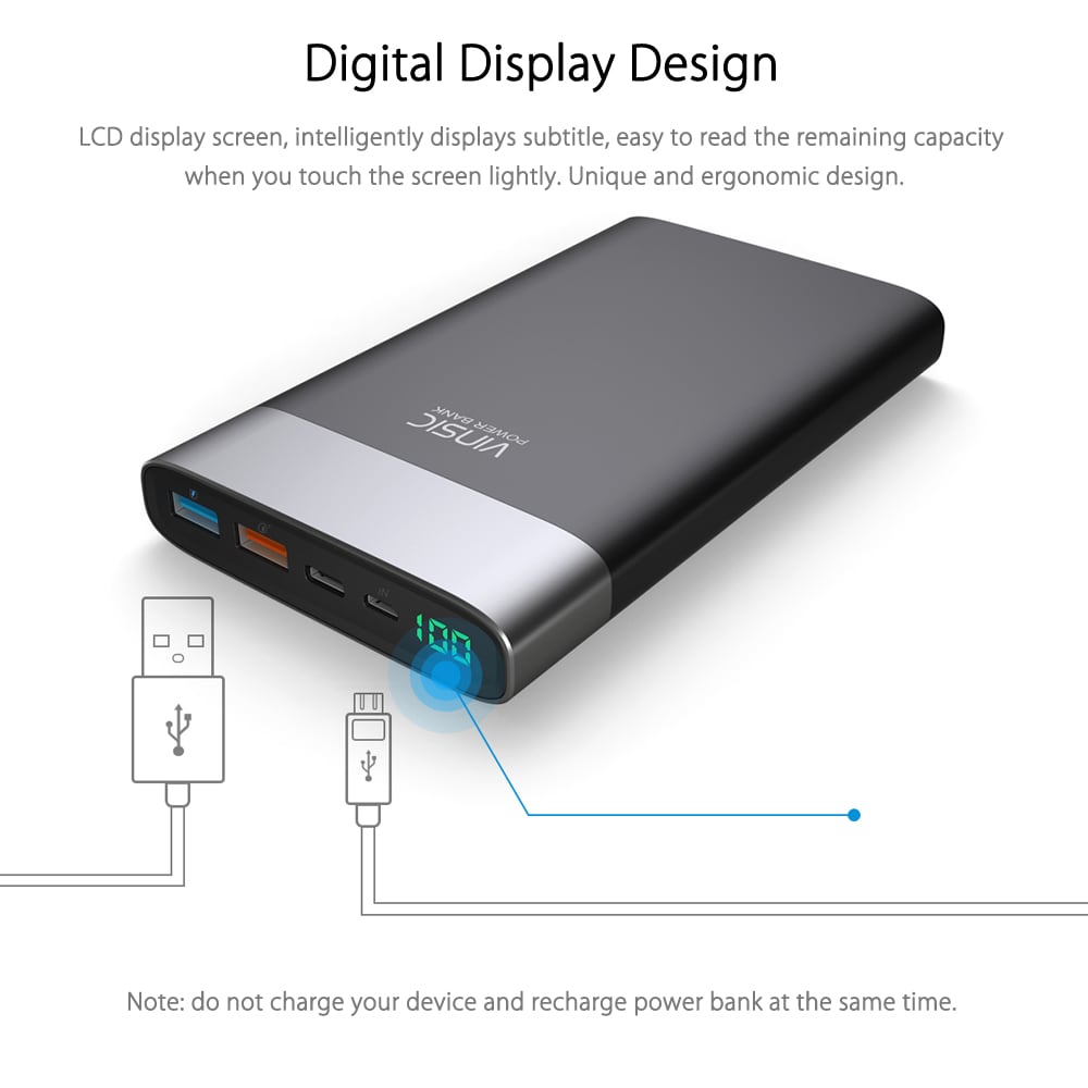 VINSIC VSPB303 QC 3.0 20000mAh Power Bank Type-C Micro USB Dual Input / Output- White VINSIC VSPB303 QC 3.0 20000mAh Power Bank Type-C Micro USB Dual Input / Output- White