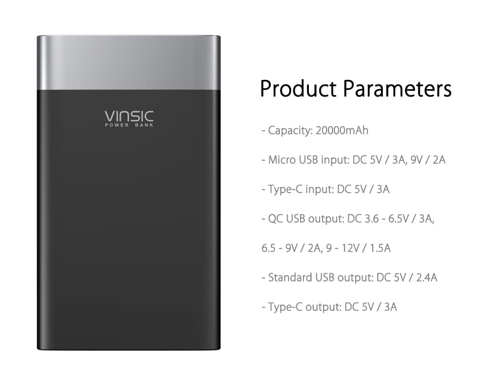 VINSIC VSPB303 QC 3.0 20000mAh Power Bank Type-C Micro USB Dual Input / Output- White VINSIC VSPB303 QC 3.0 20000mAh Power Bank Type-C Micro USB Dual Input / Output- White