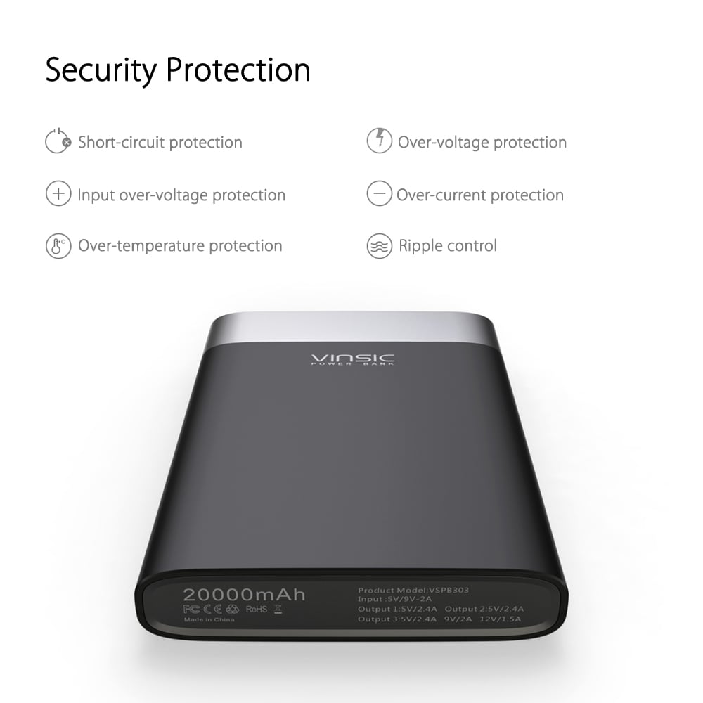 VINSIC VSPB303 QC 3.0 20000mAh Power Bank Type-C Micro USB Dual Input / Output- Black VINSIC VSPB303 QC 3.0 20000mAh Power Bank Type-C Micro USB Dual Input / Output- Black