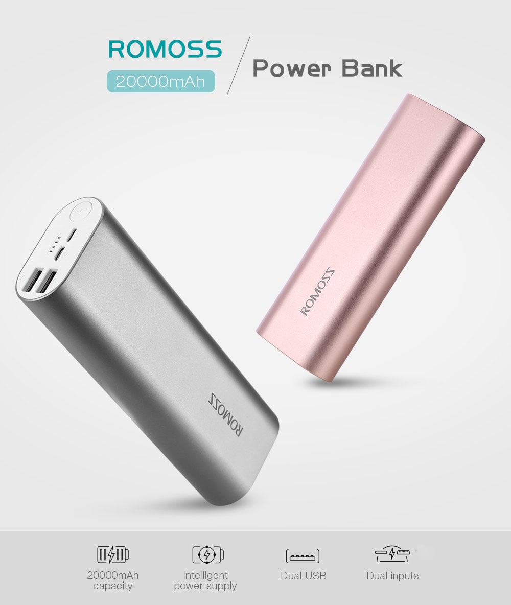 ROMOSS ACE20 20000mAh Power Bank 8 Pin Micro USB Input Dual USB Output 2.1A Fast Charging Aluminum External Battery Charger- Gray ROMOSS ACE20 20000mAh Power Bank 8 Pin Micro USB Input Dual USB Output 2.1A Fast Charging Aluminum External Battery Charger- Gray