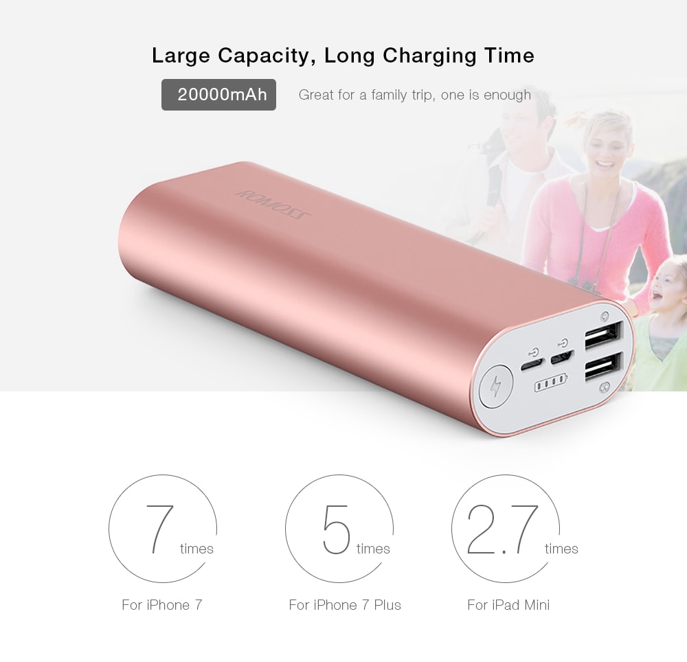 ROMOSS ACE20 20000mAh Power Bank 8 Pin Micro USB Input Dual USB Output 2.1A Fast Charging Aluminum External Battery Charger- Gray ROMOSS ACE20 20000mAh Power Bank 8 Pin Micro USB Input Dual USB Output 2.1A Fast Charging Aluminum External Battery Charger- Gray