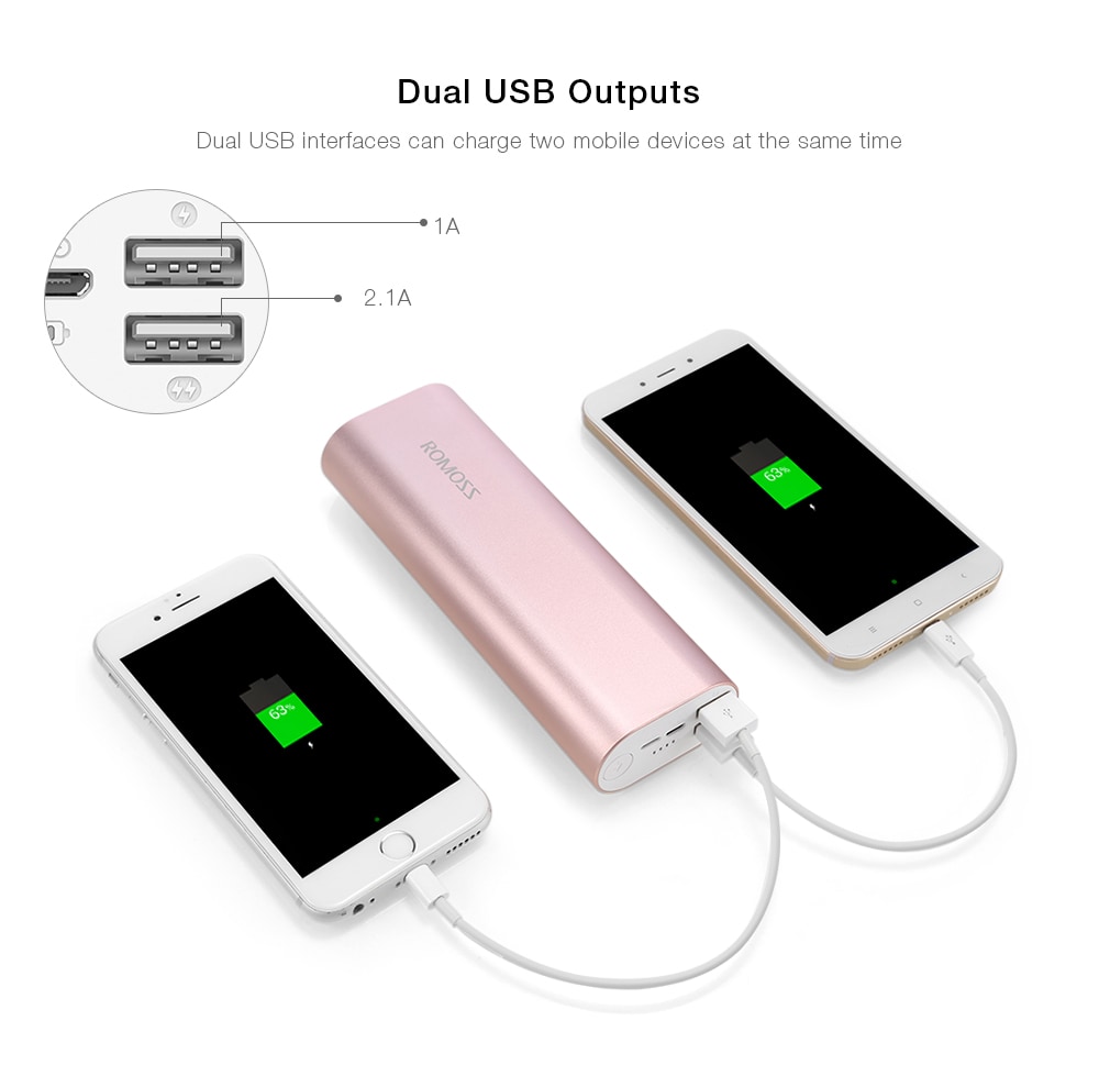 ROMOSS ACE20 20000mAh Power Bank 8 Pin Micro USB Input Dual USB Output 2.1A Fast Charging Aluminum External Battery Charger- Gray ROMOSS ACE20 20000mAh Power Bank 8 Pin Micro USB Input Dual USB Output 2.1A Fast Charging Aluminum External Battery Charger- Gray