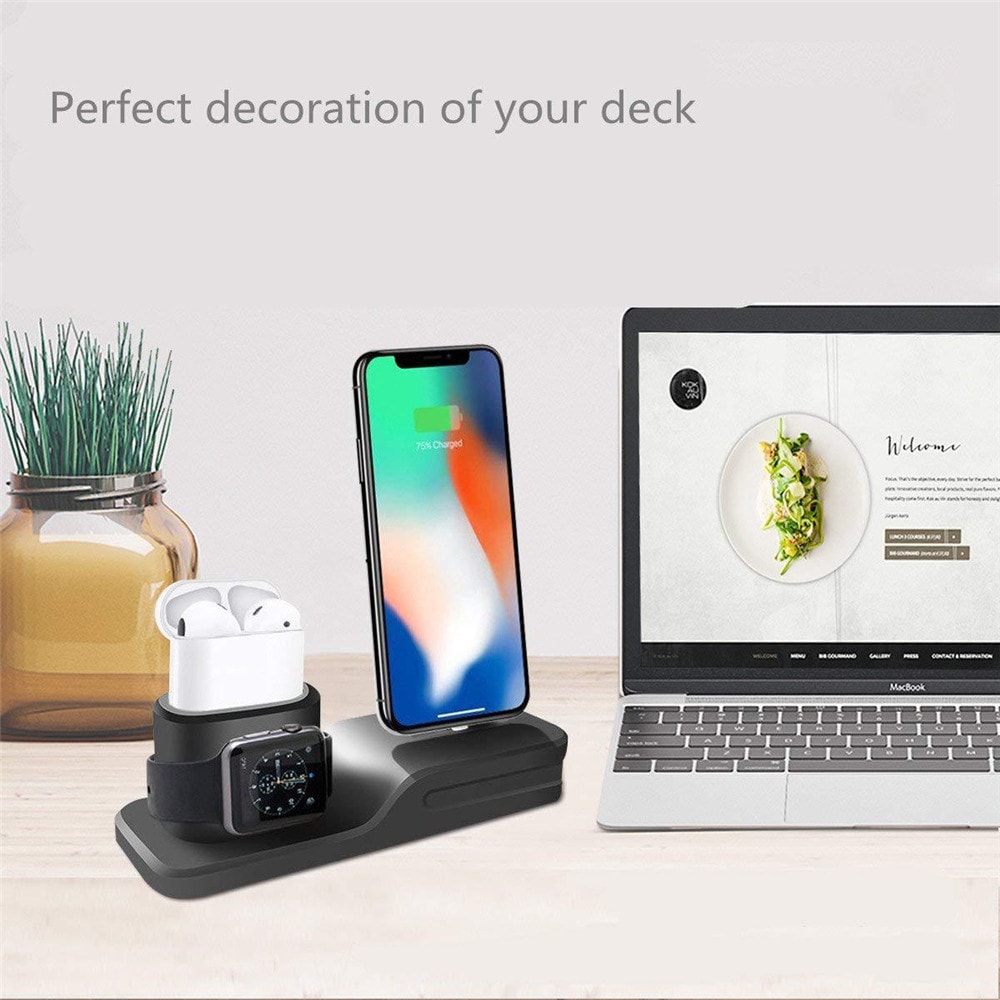 Silicone 3 in 1 Charging Stand Holder Dock for iPhone for Apple Watch/ AirPods- Black Silicone 3 in 1 Charging Stand Holder Dock for iPhone for Apple Watch/ AirPods- Black