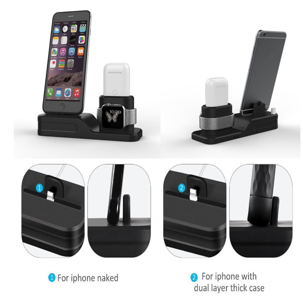 Silicone 3 in 1 Charging Stand Holder Dock for iPhone for Apple Watch/ AirPods- Black Silicone 3 in 1 Charging Stand Holder Dock for iPhone for Apple Watch/ AirPods- Black