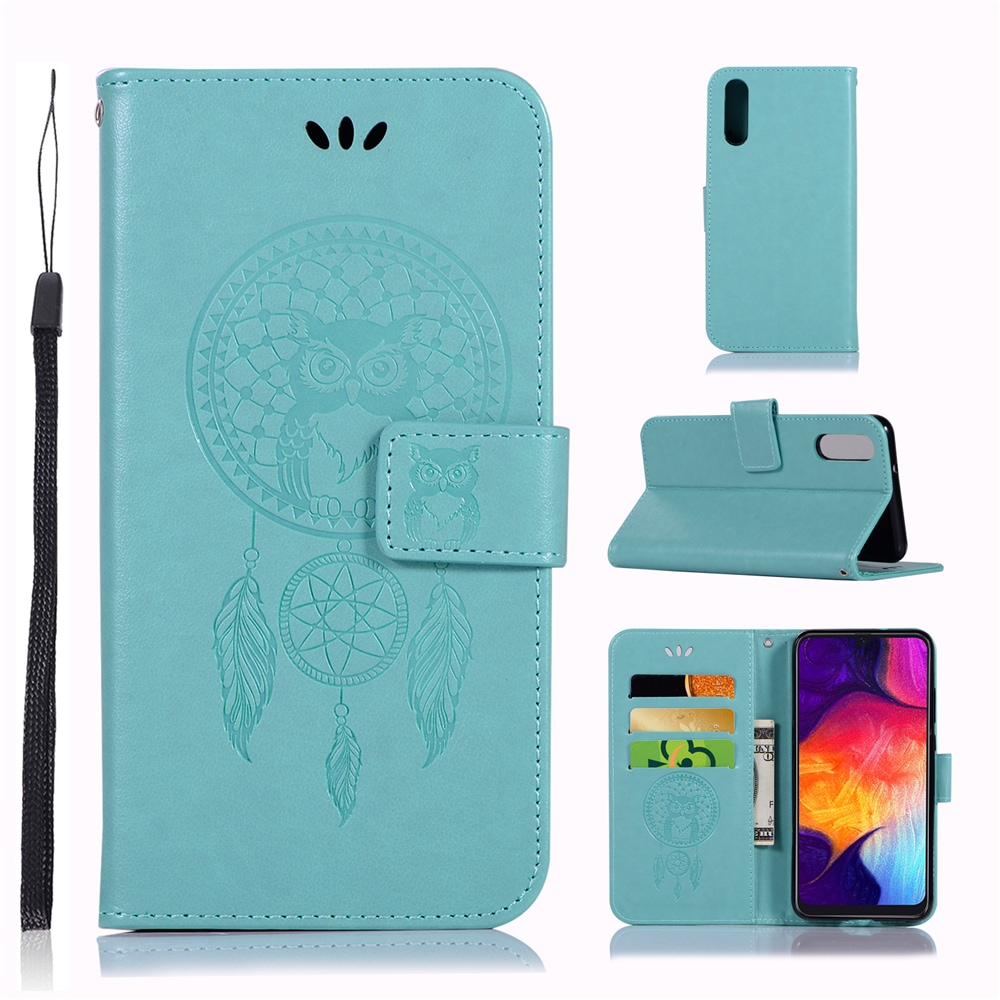 Owl Wind Chimes Flip Wallet Leather Cover for Samsung Galaxy A50 Phone Case- Medium Turquoise Owl Wind Chimes Flip Wallet Leather Cover for Samsung Galaxy A50 Phone Case- Medium Turquoise