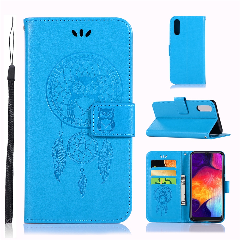 Owl Wind Chimes Flip Wallet Leather Cover for Samsung Galaxy A50 Phone Case- Medium Turquoise Owl Wind Chimes Flip Wallet Leather Cover for Samsung Galaxy A50 Phone Case- Medium Turquoise