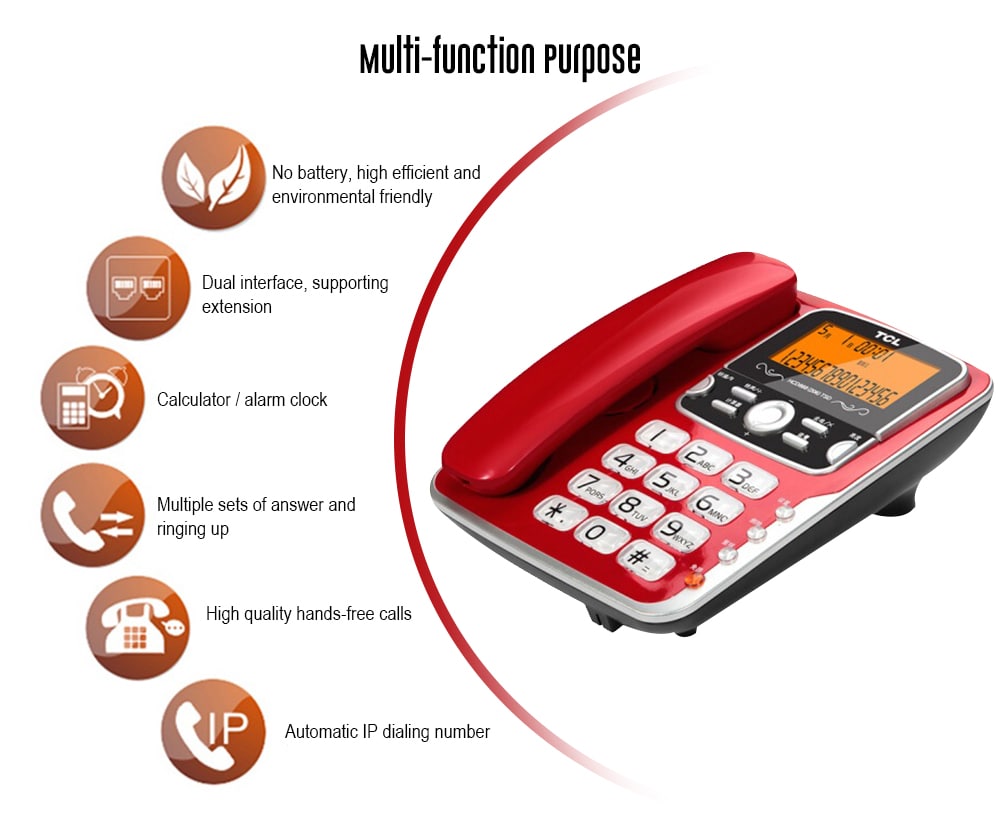 TCL HCD868 ( 206 ) Corded Phone with Caller ID / Call Waiting / No Battery / Brightness Adjustment- Red TCL HCD868 ( 206 ) Corded Phone with Caller ID / Call Waiting / No Battery / Brightness Adjustment- Red