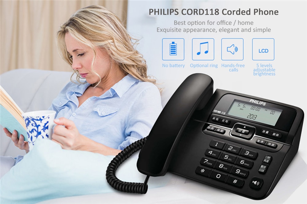PHILIPS CORD118 Corded Phone with Caller ID / Call Waiting / No Battery / Brightness Adjustment- Black PHILIPS CORD118 Corded Phone with Caller ID / Call Waiting / No Battery / Brightness Adjustment- Black