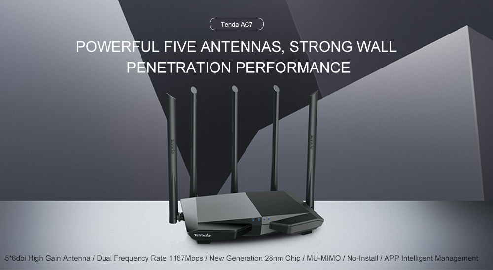 Tenda AC7 Wireless Router 2.4GHz + 5GHz Dual Frequency / 1167Mbps / 5 x 6dBi Antenna- Black Tenda AC7 Wireless Router 2.4GHz + 5GHz Dual Frequency / 1167Mbps / 5 x 6dBi Antenna- Black