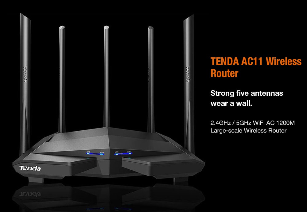 TENDA AC11 2.4GHz Plus 5GHz WiFi AC 1200M Large-scale Gigabit Dual-band Wireless Router- Black TENDA AC11 2.4GHz Plus 5GHz WiFi AC 1200M Large-scale Gigabit Dual-band Wireless Router- Black