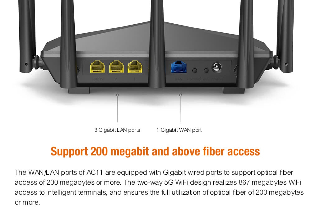TENDA AC11 2.4GHz Plus 5GHz WiFi AC 1200M Large-scale Gigabit Dual-band Wireless Router- Black TENDA AC11 2.4GHz Plus 5GHz WiFi AC 1200M Large-scale Gigabit Dual-band Wireless Router- Black