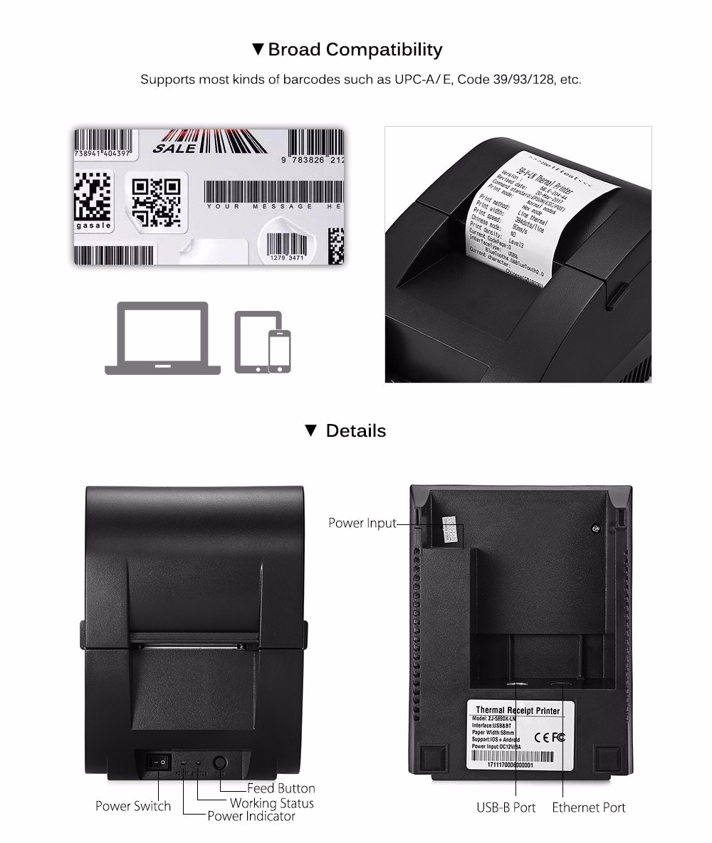 Receipt Machine with USB Port for Android iOS- Black US Plug Receipt Machine with USB Port for Android iOS- Black US Plug