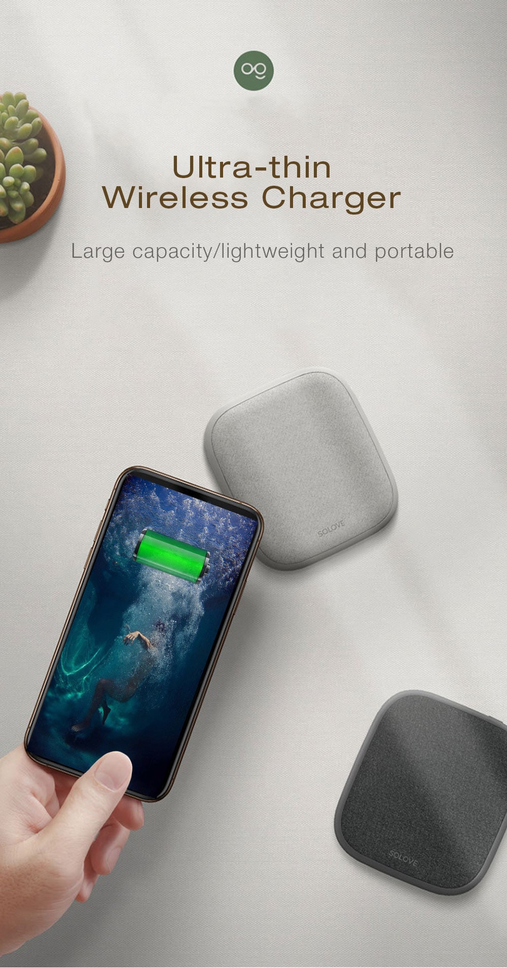 SOLOVE Ultra-thin Mobile Power Wireless Charger- Gray Cloud SOLOVE Ultra-thin Mobile Power Wireless Charger- Gray Cloud