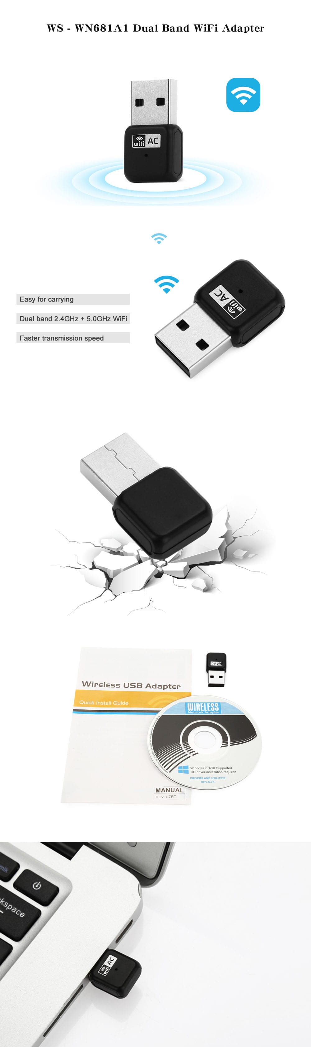 WS - WN681A1 Wireless Dual Band WiFi Adapter Super Mini High Speed USB Network Card- Black WS - WN681A1 Wireless Dual Band WiFi Adapter Super Mini High Speed USB Network Card- Black