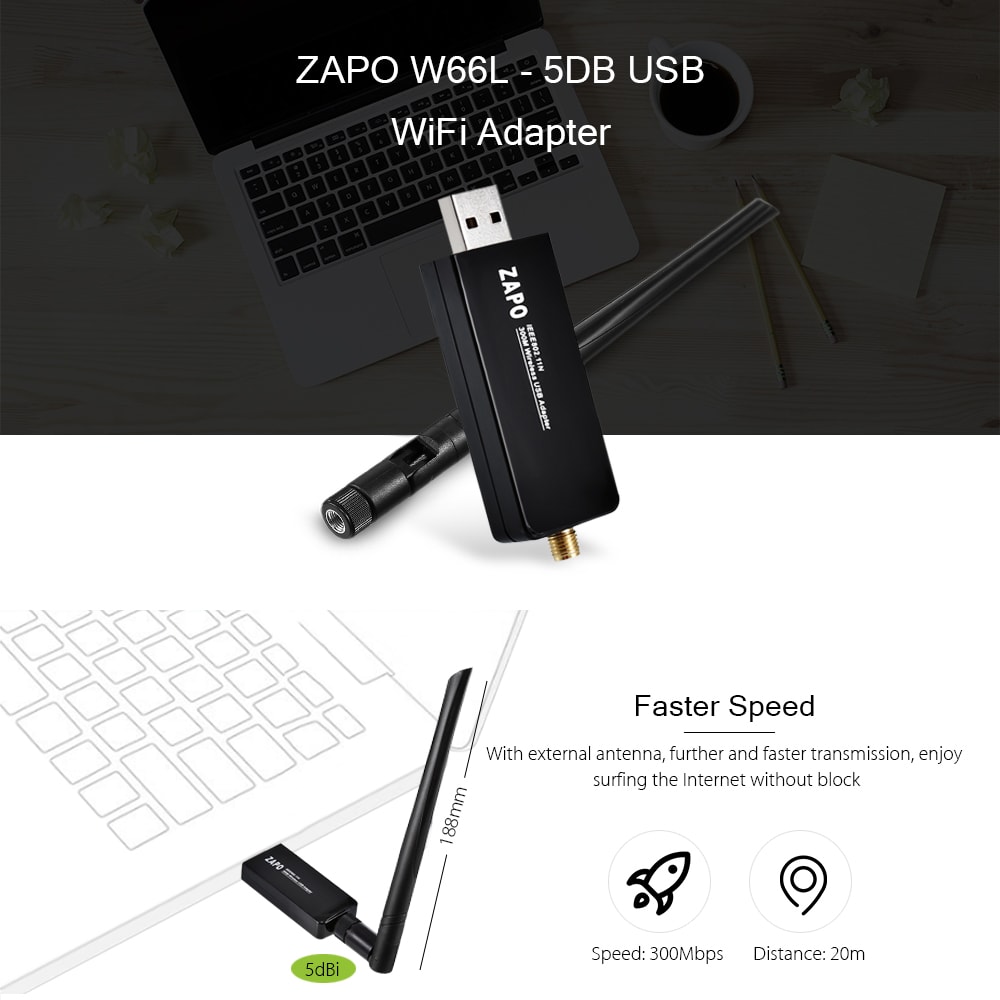ZAPO W66L - 5DB USB WiFi Adapter 300M Portable Router 2.4GHz- Black ZAPO W66L - 5DB USB WiFi Adapter 300M Portable Router 2.4GHz- Black