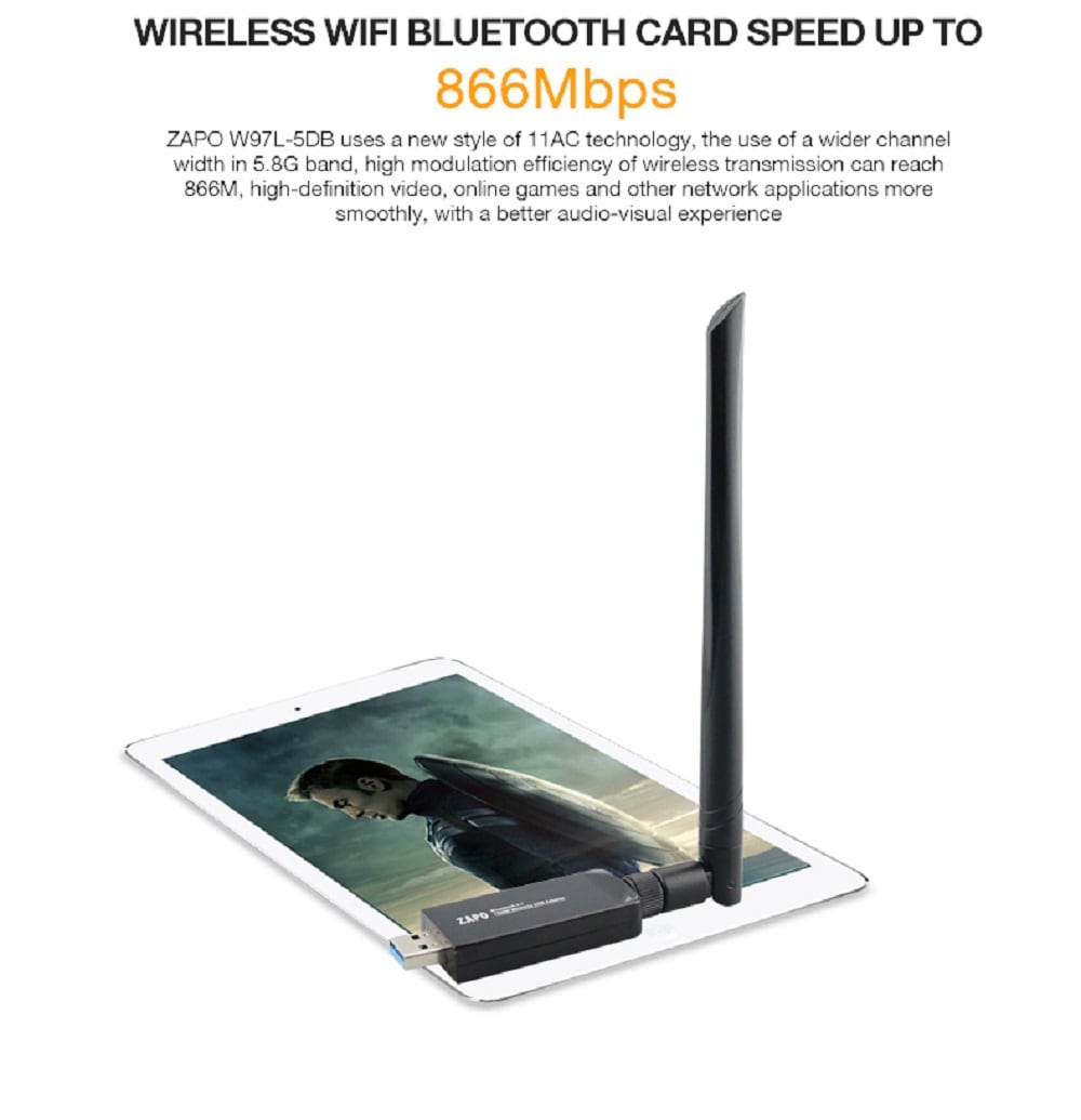 ZAPO W97L-5db USB 1200M Dual-Band WIFI Wireless Card + Bluetooth 4.1 Adapter- Jet Black ZAPO W97L-5db USB 1200M Dual-Band WIFI Wireless Card + Bluetooth 4.1 Adapter- Jet Black