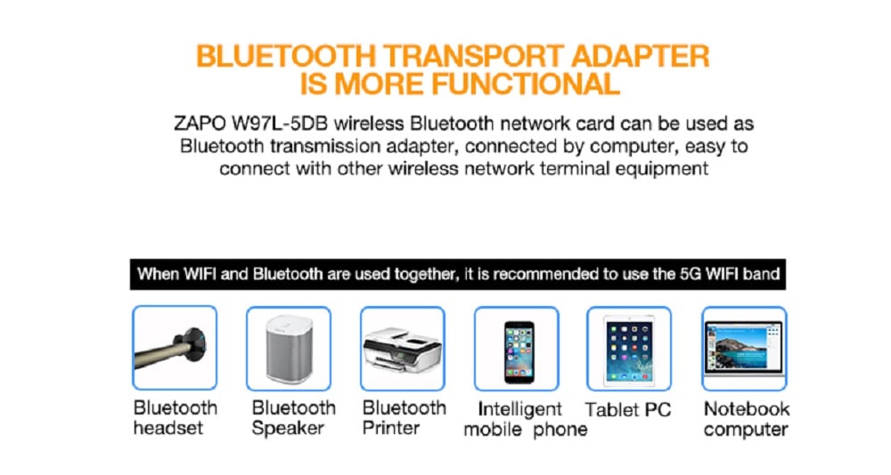 ZAPO W97L-5db USB 1200M Dual-Band WIFI Wireless Card + Bluetooth 4.1 Adapter- Jet Black ZAPO W97L-5db USB 1200M Dual-Band WIFI Wireless Card + Bluetooth 4.1 Adapter- Jet Black