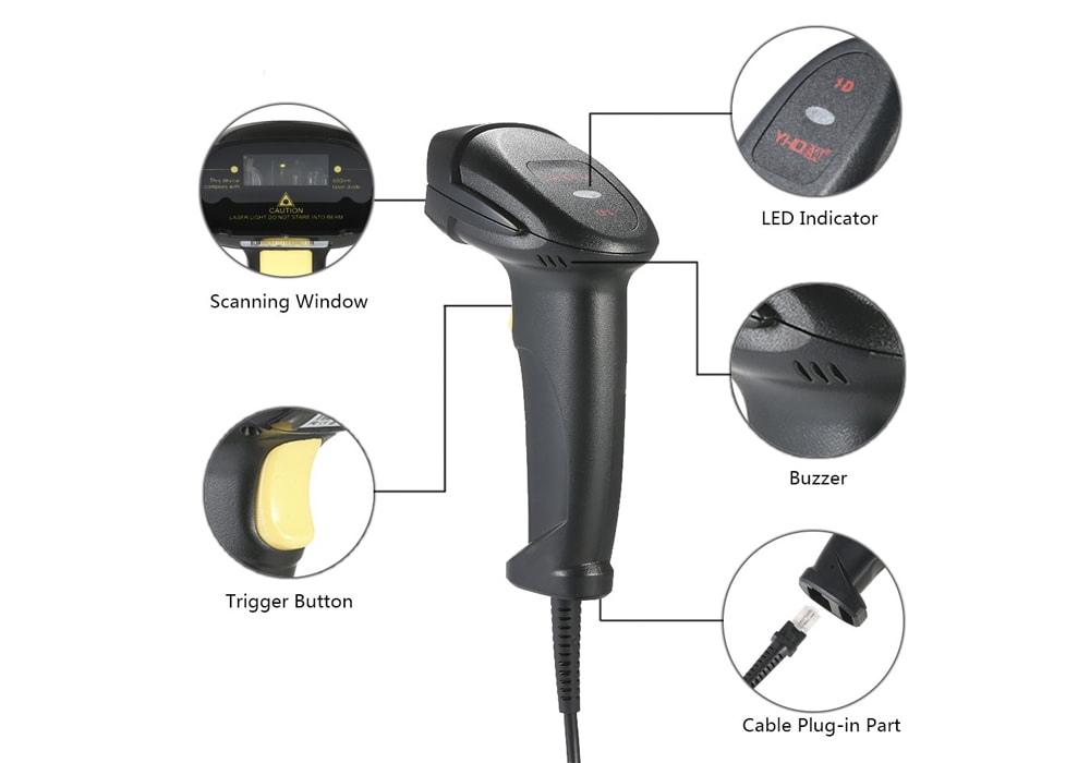 YHD - 8200 Wired Barcode Scanner 1D Automatic Sensing Handheld Laser Bar Code Reader with USB Cable- Black YHD - 8200 Wired Barcode Scanner 1D Automatic Sensing Handheld Laser Bar Code Reader with USB Cable- Black