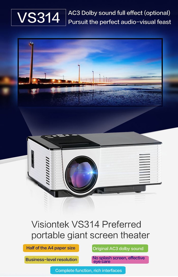 VS314 LED Projector 1500 Lumens 800 x 480 Pixels 1080P Media Player- White and Black US Plug VS314 LED Projector 1500 Lumens 800 x 480 Pixels 1080P Media Player- White and Black US Plug