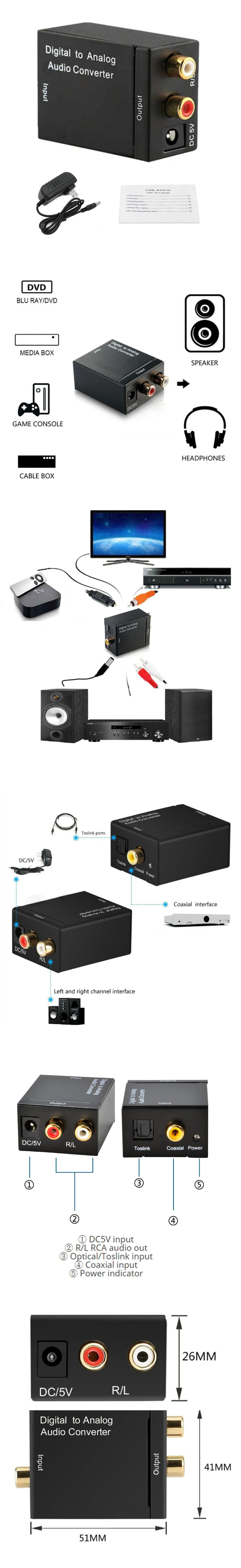 TV Optical Digital SPDIF/Coaxial to RCA L/R Headphone Analog Audio Converter- Black TV Optical Digital SPDIF/Coaxial to RCA L/R Headphone Analog Audio Converter- Black
