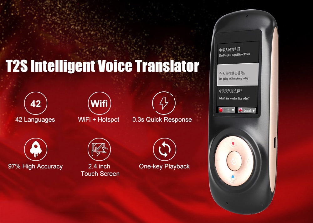 T2S Intelligent Voice Translator with 2.4 inch Touch Screen Support WiFi Hotspot 42 Languages- Black T2S Intelligent Voice Translator with 2.4 inch Touch Screen Support WiFi Hotspot 42 Languages- Black