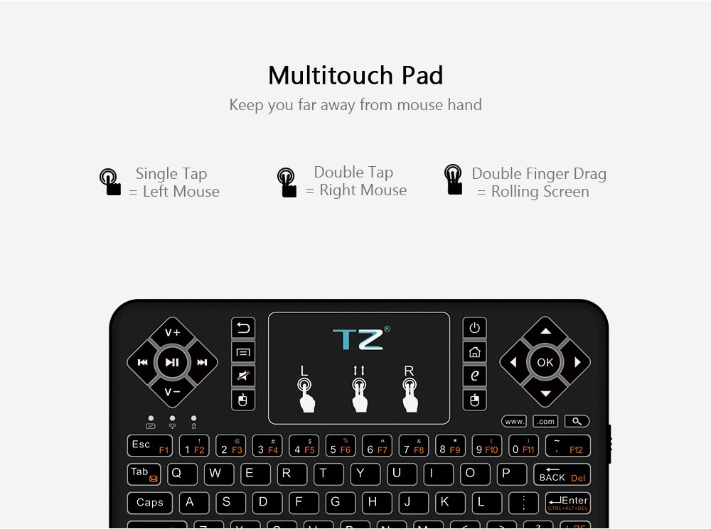 TZ Q9 Wireless Mini Keyboard BT3.0 Backlight Function with Touchpad- Black TZ Q9 Wireless Mini Keyboard BT3.0 Backlight Function with Touchpad- Black