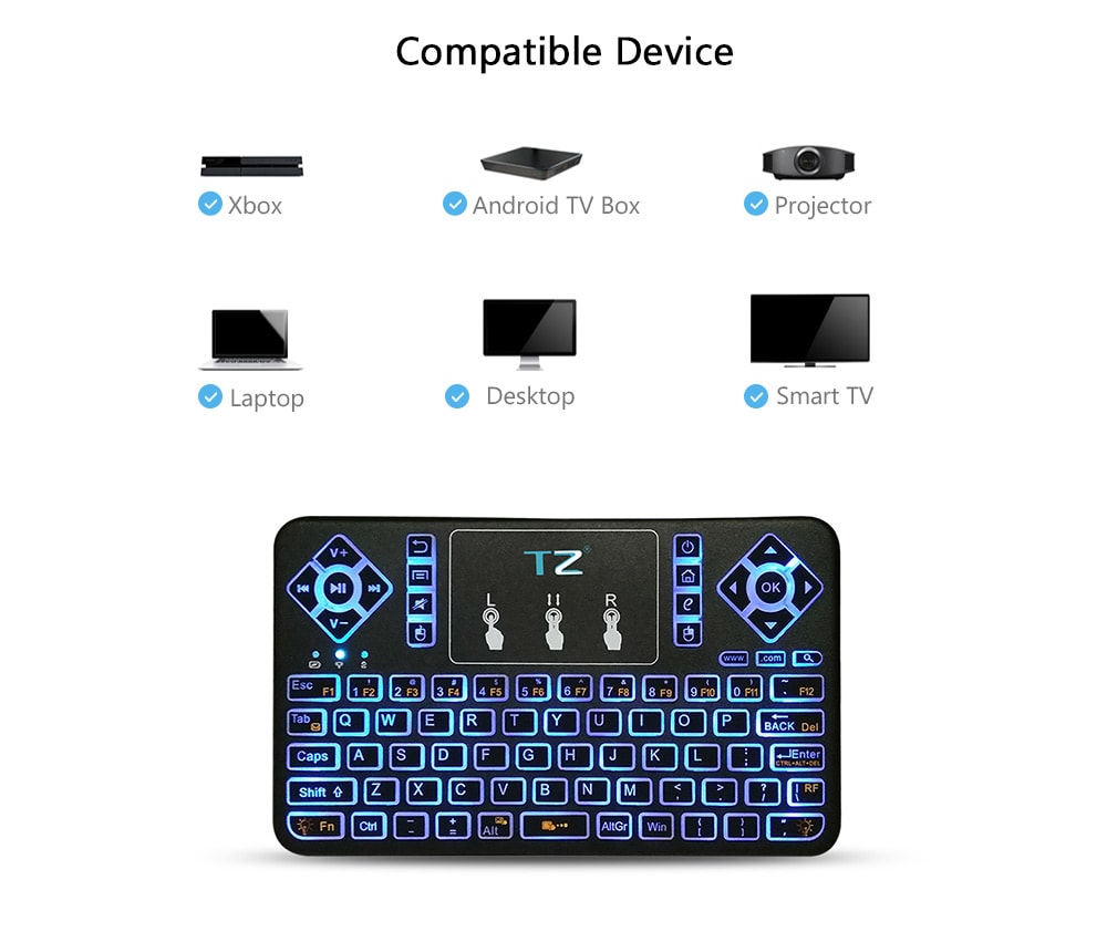 TZ Q9 Wireless Mini Keyboard BT3.0 Backlight Function with Touchpad- Black TZ Q9 Wireless Mini Keyboard BT3.0 Backlight Function with Touchpad- Black
