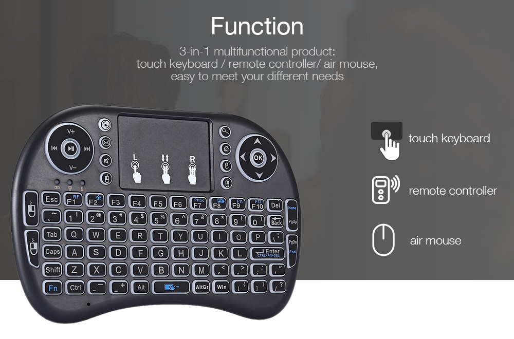 V81 Portable 2.4GHz Wireless Remote Control Colorful Backlight Air Mouse Mini Keyboard Touchpad- Black V81 Portable 2.4GHz Wireless Remote Control Colorful Backlight Air Mouse Mini Keyboard Touchpad- Black