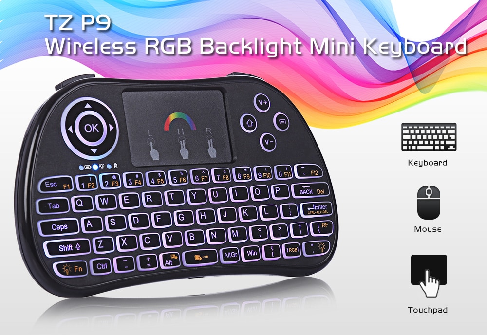 TZ P9 Wireless Mini Keyboard 2.4GHz RGB Backlight Function with Touchpad- Black English TZ P9 Wireless Mini Keyboard 2.4GHz RGB Backlight Function with Touchpad- Black English