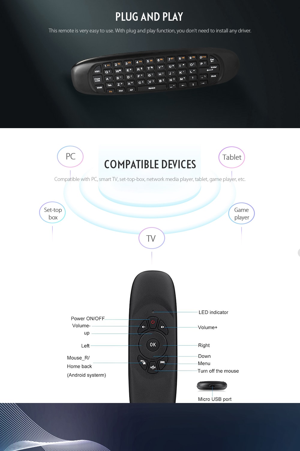 TK668 2.4GHz Wireless Air Mouse + Remote Controller + QWERTY Keyboard with LED Indicator- Black TK668 2.4GHz Wireless Air Mouse + Remote Controller + QWERTY Keyboard with LED Indicator- Black