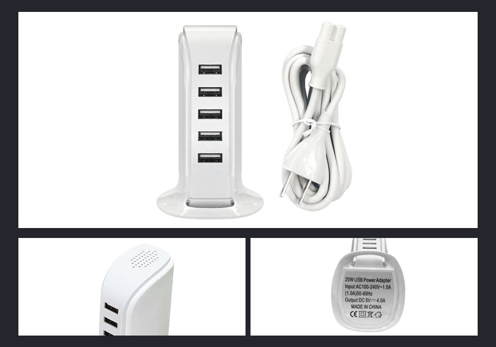USB Charger Adapter Multi-port Charging Station 20W / AC 100 - 240V / 4A / 5 Ports- White USB Charger Adapter Multi-port Charging Station 20W / AC 100 - 240V / 4A / 5 Ports- White