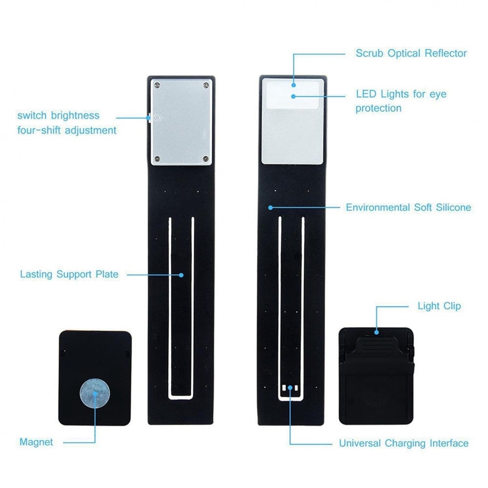 Portable LED Reading Book Light With Detachable Flexible Clip USB Rechargeable- Black Portable LED Reading Book Light With Detachable Flexible Clip USB Rechargeable- Black