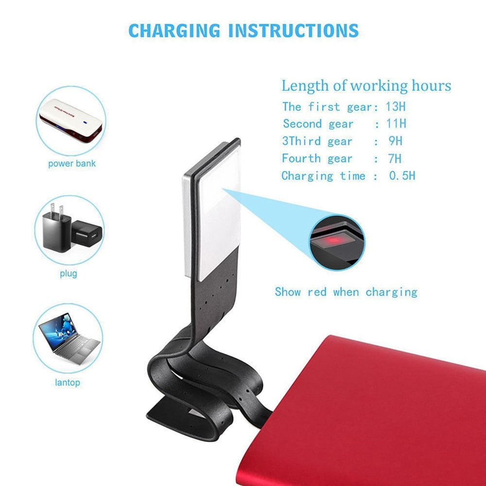 Portable LED Reading Book Light With Detachable Flexible Clip USB Rechargeable- Black Portable LED Reading Book Light With Detachable Flexible Clip USB Rechargeable- Black