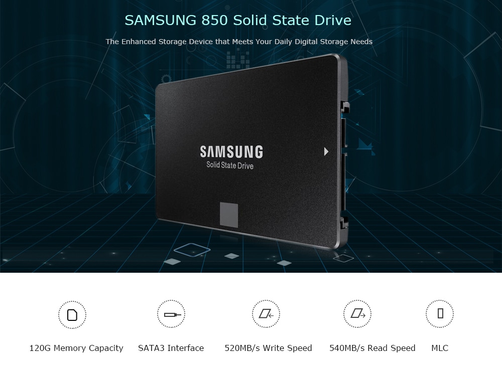 SAMSUNG 850 Solid State Drive 120G MLC SATA3 540MB/s 520MB/s- Black SAMSUNG 850 Solid State Drive 120G MLC SATA3 540MB/s 520MB/s- Black
