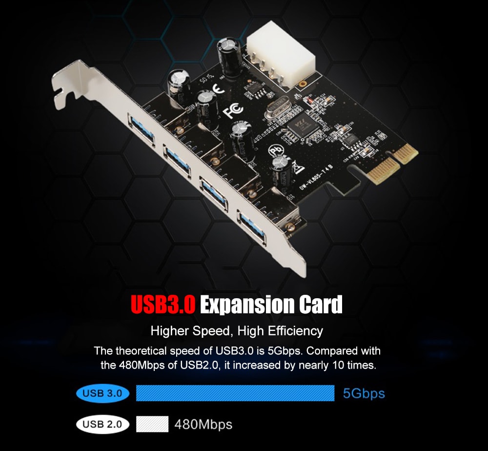 PCI-E to USB3.0 x 4 Converter Expansion Card for Desktop - Black PCI-E to USB3.0 x 4 Converter Expansion Card for Desktop - Black