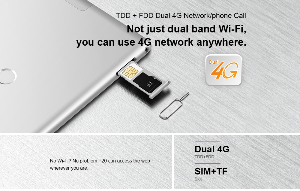 Teclast T20 4G Phablet Android 7.1 10.1 inch MT6797X ( X27 ) Deca Core 4GB RAM 64GB eMMC ROM Fingerprint Recognition 13.0 MP Double Cameras Bluetooth 4.0 Type-C Dual WiFi- Silver Teclast T20 4G Phablet Android 7.1 10.1 inch MT6797X ( X27 ) Deca Core 4GB RAM 64GB eMMC ROM Fingerprint Recognition 13.0 MP Double Cameras Bluetooth 4.0 Type-C Dual WiFi- Silver