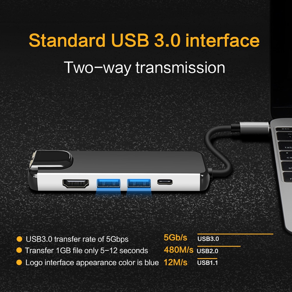 Aluminum Alloy 5-in-1 Type-C to HDMI 4K / 2-port USB3.0 / Type-C / RJ45 Network Adapter Converter- Black Aluminum Alloy 5-in-1 Type-C to HDMI 4K / 2-port USB3.0 / Type-C / RJ45 Network Adapter Converter- Black