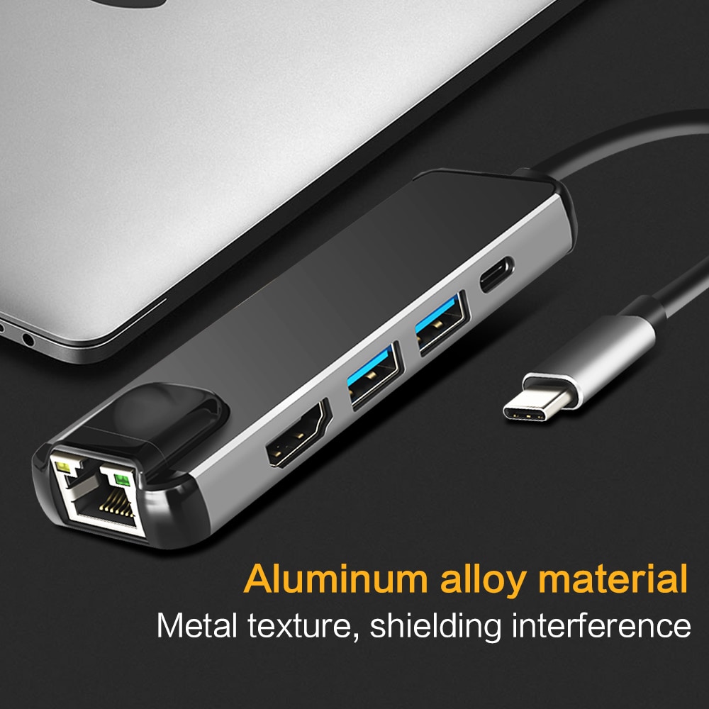 Aluminum Alloy 5-in-1 Type-C to HDMI 4K / 2-port USB3.0 / Type-C / RJ45 Network Adapter Converter- Black Aluminum Alloy 5-in-1 Type-C to HDMI 4K / 2-port USB3.0 / Type-C / RJ45 Network Adapter Converter- Black
