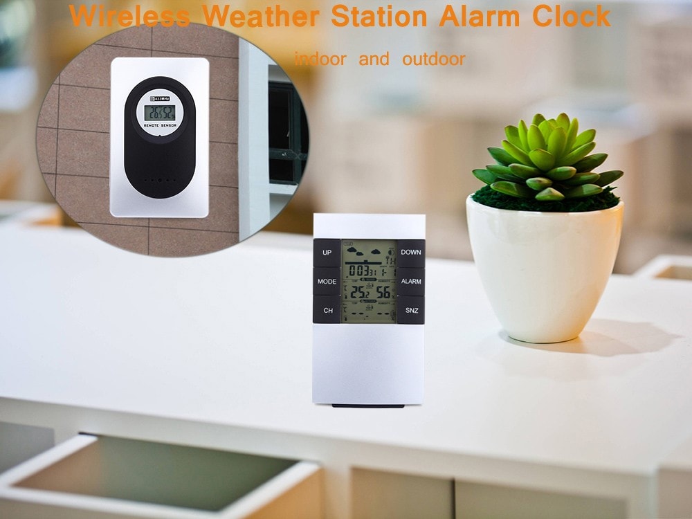 TS - H146 433MHz Wireless Weather Station Alarm Clock Indoor Outdoor Thermometer Hygrometer- Silver White TS - H146 433MHz Wireless Weather Station Alarm Clock Indoor Outdoor Thermometer Hygrometer- Silver White