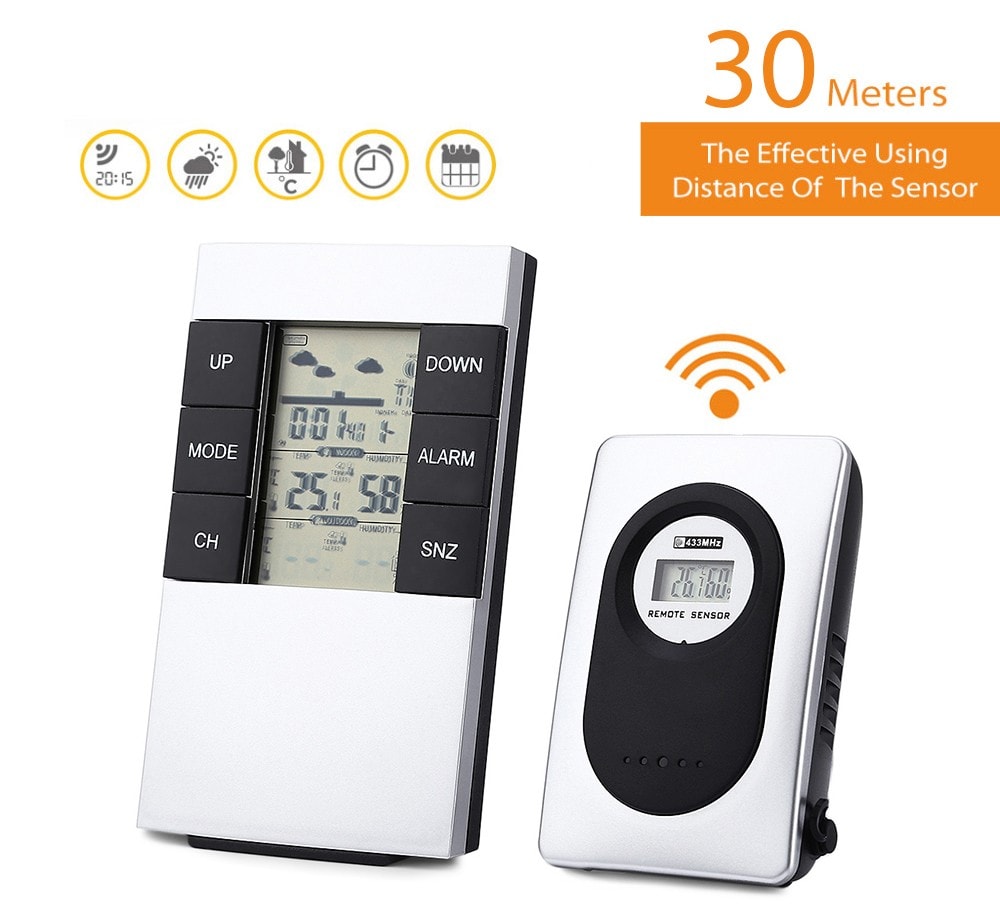 TS - H146 433MHz Wireless Weather Station Alarm Clock Indoor Outdoor Thermometer Hygrometer- Silver White TS - H146 433MHz Wireless Weather Station Alarm Clock Indoor Outdoor Thermometer Hygrometer- Silver White