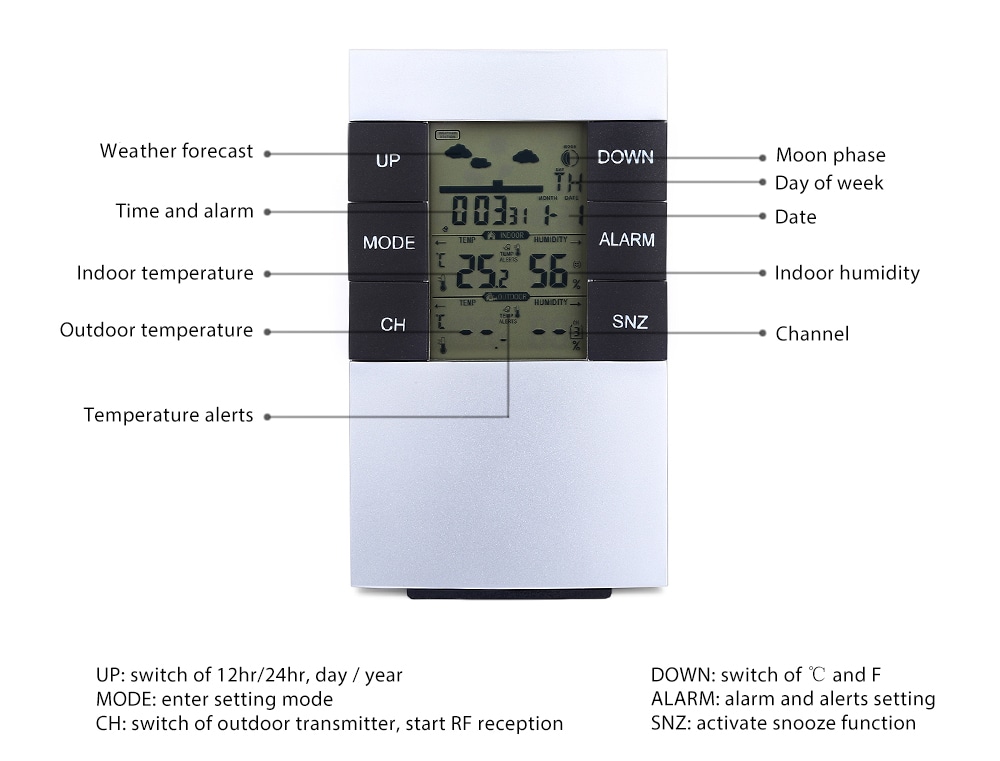 TS - H146 433MHz Wireless Weather Station Alarm Clock Indoor Outdoor Thermometer Hygrometer- Silver White TS - H146 433MHz Wireless Weather Station Alarm Clock Indoor Outdoor Thermometer Hygrometer- Silver White
