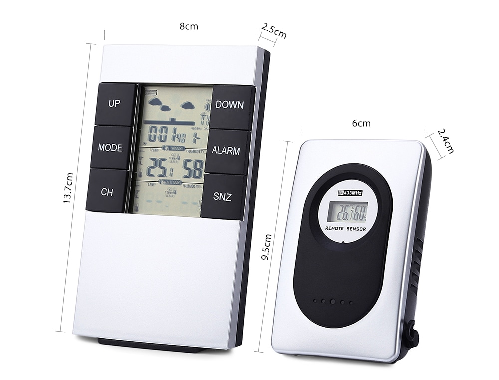 TS - H146 433MHz Wireless Weather Station Alarm Clock Indoor Outdoor Thermometer Hygrometer- Silver White TS - H146 433MHz Wireless Weather Station Alarm Clock Indoor Outdoor Thermometer Hygrometer- Silver White