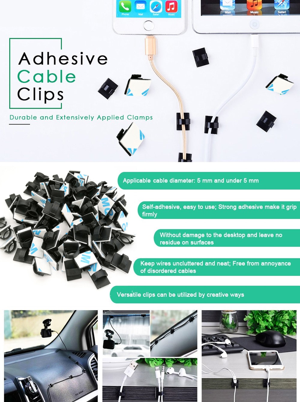 ZDM 50/100 Pieces of Adhesive Cable Clips Wire for Car Office and Home- Black 50 pcs ZDM 50/100 Pieces of Adhesive Cable Clips Wire for Car Office and Home- Black 50 pcs