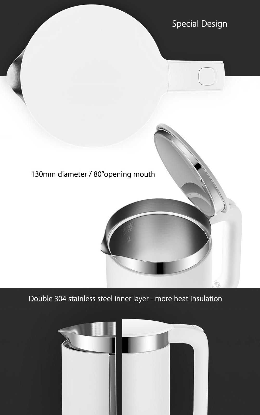 Original Xiaomi Mi Electric Kettle Power-off Protection 304 Stainless Steel Inner Layer - 1.5L- White Original Xiaomi Mi Electric Kettle Power-off Protection 304 Stainless Steel Inner Layer - 1.5L- White