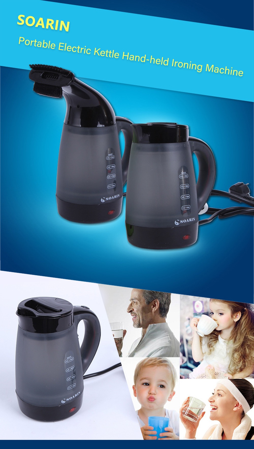 SOARIN Portable Electric Kettle Hand-held Clothes Ironing Machine- Mint green SOARIN Portable Electric Kettle Hand-held Clothes Ironing Machine- Mint green