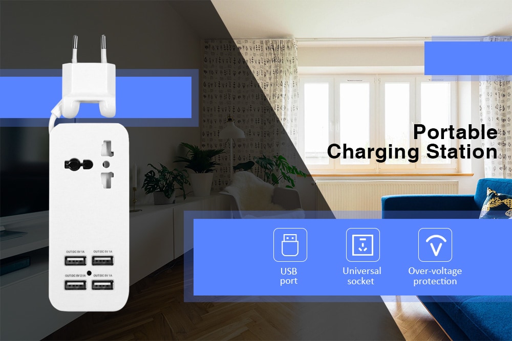 Portable Charging Station EU Plug with Universal Outlet and 4 USB Ports- White Portable Charging Station EU Plug with Universal Outlet and 4 USB Ports- White